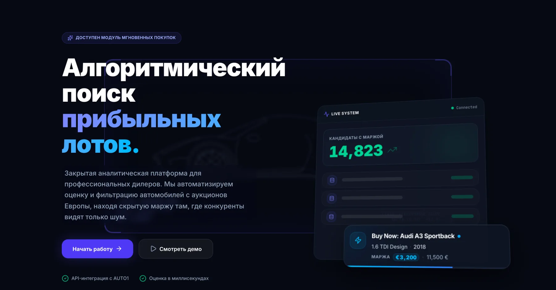 Главный экран Auto Unicorn: заголовок «Алгоритмический поиск прибыльных лотов» и панель Live System с кандидатами и маржой